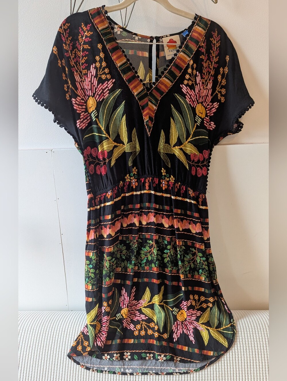Farm Rio Black Floral Embroidered V-Neck Women’s Top